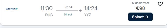 Non-stop flights from Dublin, Ireland to Toronto, Canada for only €98 one-way. Flight deal ticket image.