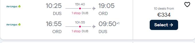 Cheap flights from German cities to Chicago, USA from only €334 roundtrip with Aer Lingus. Flight deal ticket image.