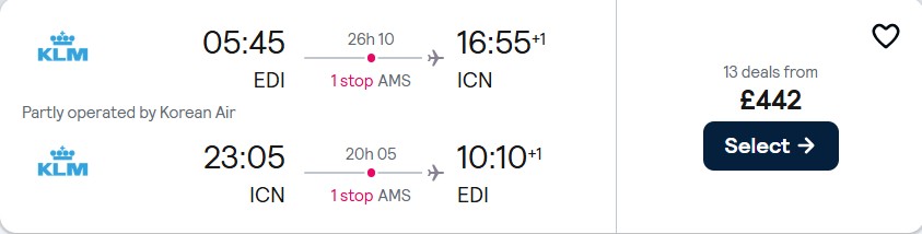 Cheap flights from Edinburgh, Scotland to Seoul, South Korea for only £442 roundtrip with KLM and Korean Air. Flight deal ticket image.