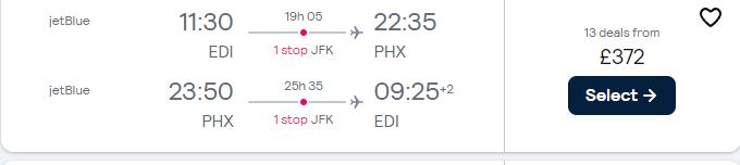 Cheap flights from Edinburgh, Scotland to Phoenix, Arizona for only £372 roundtrip with JetBlue. Flight deal ticket image.
