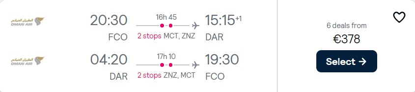 Cheap flights from Rome, Italy to Dar Es Salaam, Tanzania for only €378 roundtrip. Flight deal ticket image.