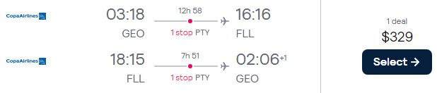 Cheap flights from Guyana to Fort Lauderdale, USA for only $329 USD roundtrip with Copa Airlines. Flight deal ticket image.