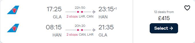 Cheap flights from UK cities to Hanoi, Vietnam from only £415 roundtrip. Flight deal ticket image.
