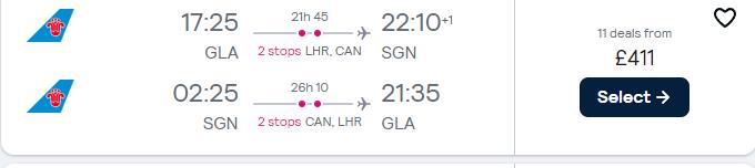Cheap flights from UK cities to Ho Chi Minh City, Vietnam from only £411 roundtrip with British Airways. Flight deal ticket image.