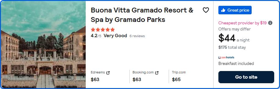 Click here to book this cheap flight deal. Stay at the 5* Buona Vitta Gramado Resort & Spa by Gramado Parks in Gramado, Brazil for only $44 USD per night. Flight deal ticket image.
