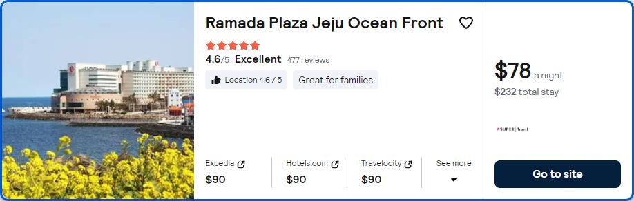 Click here to book this cheap flight deal. Stay at the 5* Ramada Plaza Jeju Ocean Front in Jeju, South Korea for only $78 USD per night. Flight deal ticket image.