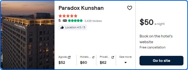 Click here to book this cheap flight deal. Stay at the 5* Paradox Kunshan in Kunshan, China for only $50 USD per night. Flight deal ticket image.