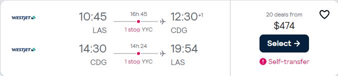 Cheap flights from Las Vegas to Paris, France for only $474 roundtrip. Flight deal ticket image.