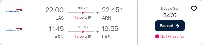Cheap flights from Las Vegas to Stockholm, Sweden for only $476 roundtrip with British Airways. Flight deal ticket image.