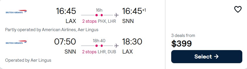 Cheap flights from Los Angeles to Shannon, Ireland for only $399 roundtrip with American Airlines, British Airways and Aer Lingus. Flight deal ticket image.