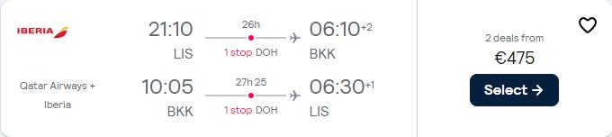 Cheap flights from Lisbon, Portugal to Bangkok, Thailand for only €475 roundtrip with Qatar Airways. Flight deal ticket image.