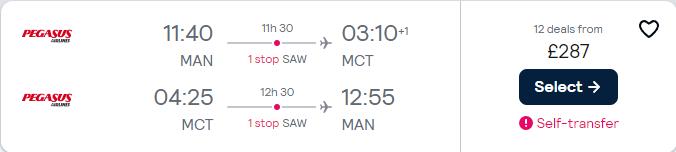 Cheap flights from Birmingham or Manchester, UK to Muscat, Oman for only £287 roundtrip. Flight deal ticket image.