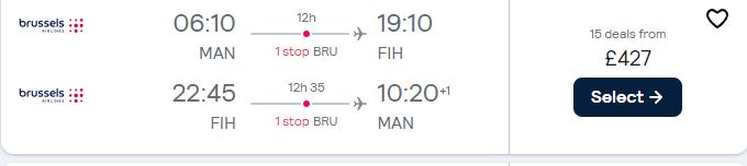 New Year flights from UK cities to Kinshasa, Democratic Republic of Congo from only £427 roundtrip with Brussels Airlines. Flight deal ticket image.