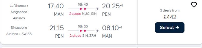 Click here to book this cheap flight deal. Cheap flights from UK cities to Penang, Malaysia from only £442 roundtrip with Lufthansa, Singapore Airlines and Swiss International Air Lines. Flight deal ticket image.