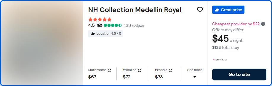 Click here to book this cheap flight deal. Stay at the 5* NH Collection Medellin Royal in Medellin, Colombia for only $45 USD per night. Flight deal ticket image.