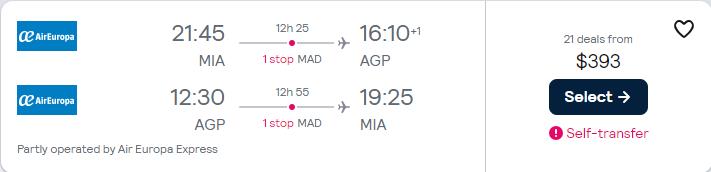 Click here to book this cheap flight deal. Cheap flights from Miami to Malaga, Spain for only $393 roundtrip with Air Europa. Flight deal ticket image.