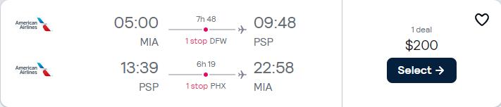 Cheap flights from Miami to Palm Springs, California for only $200 roundtrip with American Airlines. Also works in reverse. Flight deal ticket image.