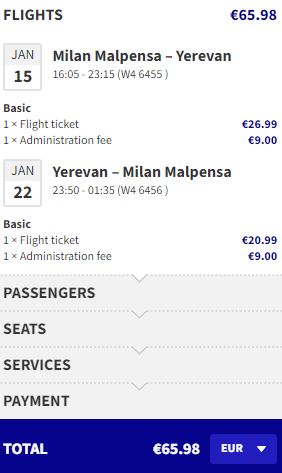 Non-stop flights from Milan, Italy to Yerevan, Armenia for only €65 roundtrip. Flight deal ticket image.
