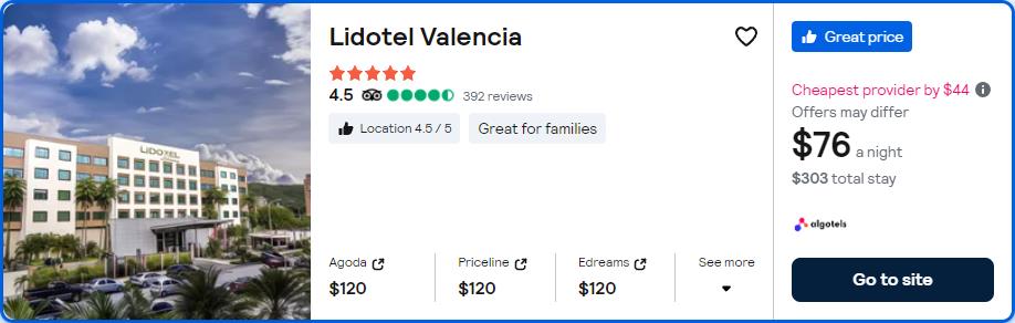 Click here to book this cheap flight deal. Stay at the 5* Lidotel Valencia in Naguanagua, Venezuela for only $76 USD per night. Flight deal ticket image.