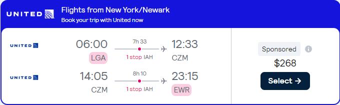 Cheap flights from New York to Cozumel, Mexico for only $268 roundtrip with United Airlines. Flight deal ticket image.