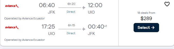 Non-stop flights from New York to Quito, Ecuador for only $289 roundtrip with Avianca. Flight deal ticket image.