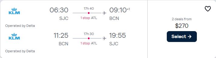 Click here to book this cheap flight deal. Cheap flights from Californian cities to Barcelona, Spain from only $270 roundtrip with Delta Air Lines. Flight deal ticket image.
