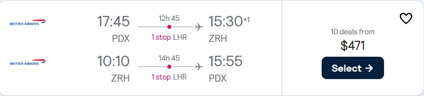 Click here to book this cheap flight deal. Cheap flights from Portland, Oregon to Zurich, Switzerland for only $471 roundtrip with British Airways. Flight deal ticket image.