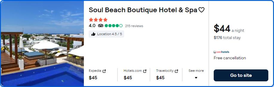 Click here to book this cheap flight deal. Stay at the 4* Soul Beach Boutique Hotel & Spa in Playa del Carmen, Mexico for only $44 USD per night. Flight deal ticket image.