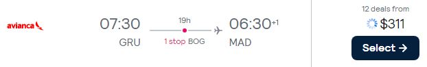 Cheap flights from Sao Paulo, Brazil to European cities from only $311 USD one-way with Avianca. Flight deal ticket image.