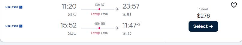 Cheap flights from Salt Lake City, Utah to San Juan, Puerto Rico for only $276 roundtrip with United Airlines. Flight deal ticket image.