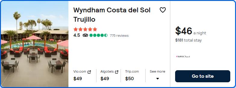 Click here to book this cheap flight deal. Stay at the 5* Wyndham Costa del Sol Trujillo in Trujillo, Peru for only $46 USD per night. Flight deal ticket image.