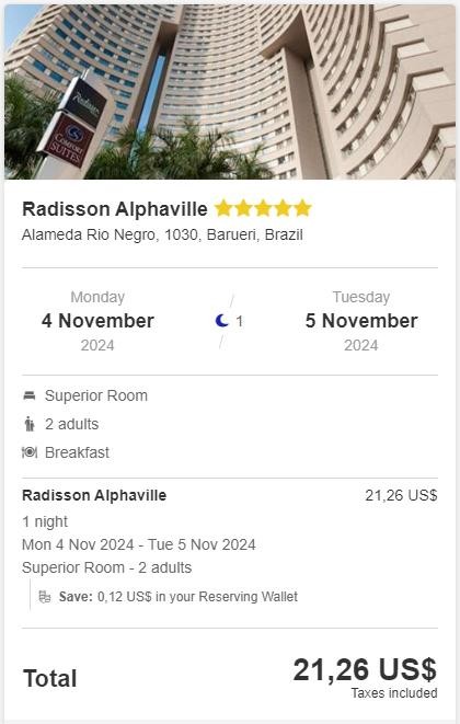 Click here to book this cheap flight deal. Hotel Misprice at the 4* Radisson Alphaville in Sao Paulo, Brazil for only $21 USD per night. Breakfast included. Flight deal ticket image.