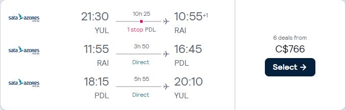 2 in 1 trip...Cheap flights from Montreal, Canada to Praia, Cape Verde and Ponta Delgada, Azores for only $766 CAD roundtrip. Flight deal ticket image.