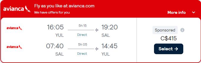 Non-stop, last minute flights from Montreal, Canada to San Salvador, El Salvador for only $415 CAD roundtrip with Avianca. Flight deal ticket image.