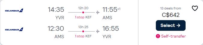 Cheap flights from Vancouver, Canada to Amsterdam, Netherlands for only $642 CAD roundtrip. Flight deal ticket image.