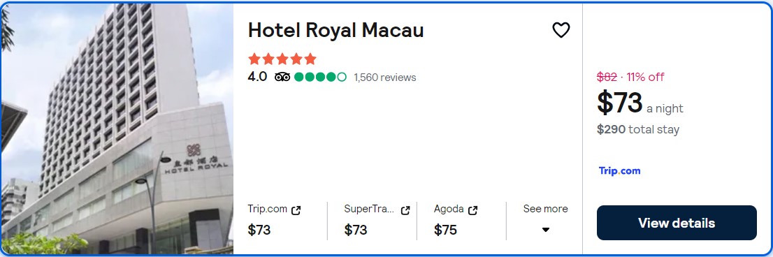 Click here to book this cheap flight deal. Stay at the 5* Hotel Royal Macau in Macau, China for only $73 USD per night. Flight deal ticket image.