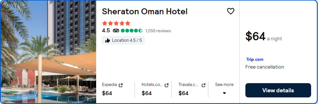 Click here to book this cheap flight deal. Stay at the 5* Sheraton Oman Hotel in Muscat, Oman for only $64 USD per night. Flight deal ticket image.