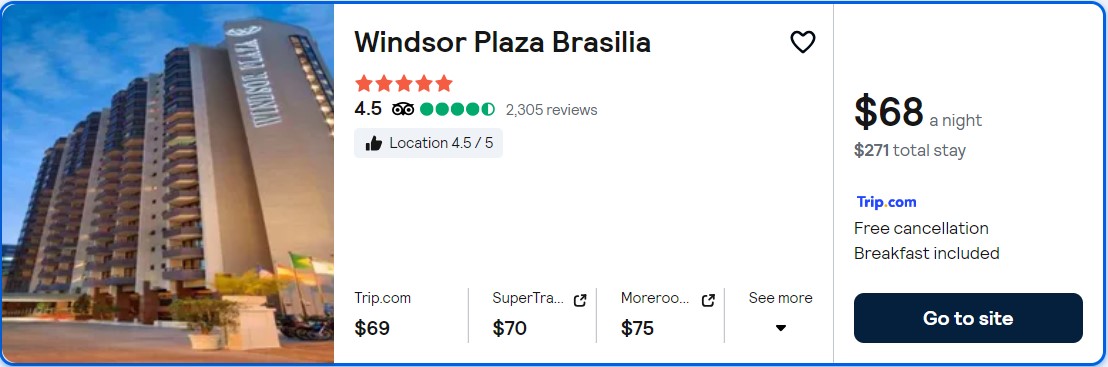Click here to book this cheap flight deal. Stay at the 5* Windsor Plaza Brasilia in Brasilia, Brazil for only $68 USD per night. Flight deal ticket image.