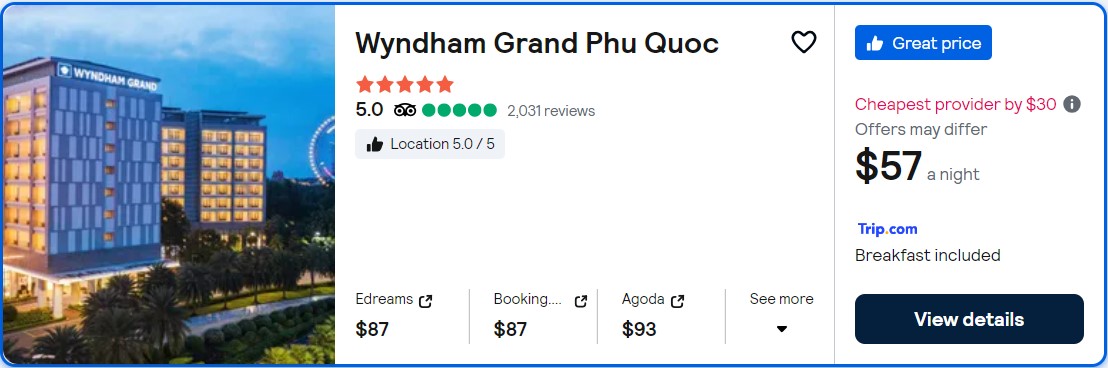 Click here to book this cheap flight deal. Stay at the 5* Wyndham Grand Phu Quoc in Phu Quoc, Vietnam for only $57 USD per night. Flight deal ticket image.