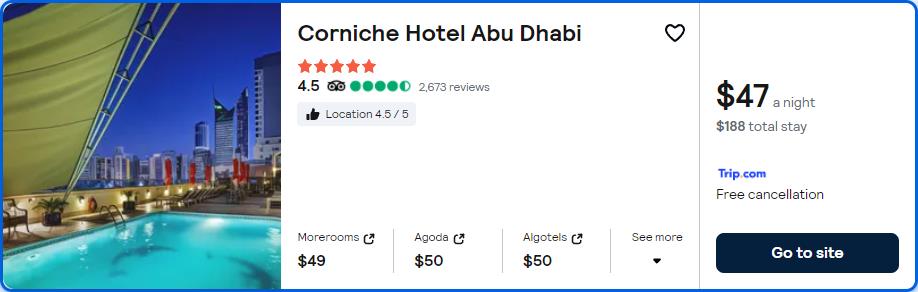 Stay at the 5* Corniche Hotel Abu Dhabi in Abu Dhabi, UAE for only $47 USD per night. Flight deal ticket image.
