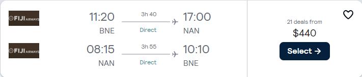 Click here to book this cheap flight deal. Non-stop flights from Brisbane, Australia to Fiji for only $440 AUD roundtrip with Fiji Airways. Flight deal ticket image.