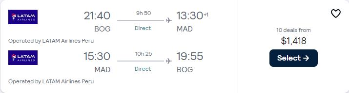 Business Class flights from Bogota, Colombia to Madrid, Spain for only $1418 USD roundtrip with LATAM Airlines. Flight deal ticket image.