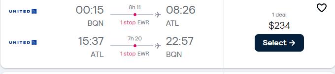 Cheap flights from Aguadilla, Puerto Rico to Atlanta, USA for only $234 USD roundtrip with United Airlines. Flight deal ticket image.
