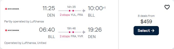 Cheap flights from Denver, Colorado to Billund, Denmark for only $459 roundtrip with Air Canada, Lufthansa and United Airlines. Flight deal ticket image.