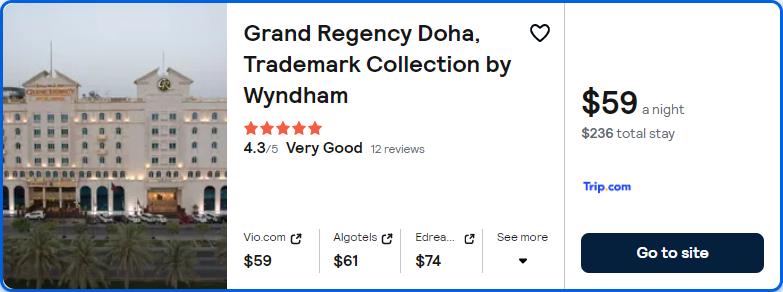 Click here to book this cheap flight deal. Stay at the 5* Grand Regency Doha, Trademark Collection by Wyndham in Doha, Qatar for only $59 USD per night. Flight deal ticket image.