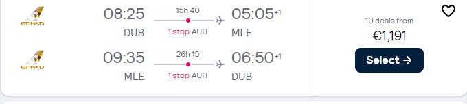 Business Class flights from Dublin, Ireland to the Maldives for only €1192 roundtrip with Etihad Airways. Flight deal ticket image.