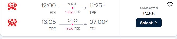 Cheap flights from Edinburgh, Scotland to Taipei, Taiwan for only £455 roundtrip with Hainan Airlines. Flight deal ticket image.