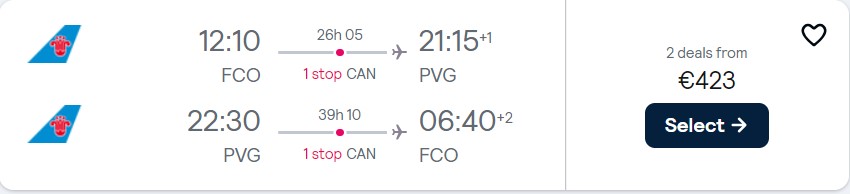 Cheap flights from Rome, Italy to Shanghai, China for only €423 roundtrip. Flight deal ticket image.
