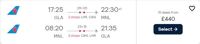 Cheap flights from Glasgow, Scotland to Manila, Philippines for only £440 roundtrip with British Airways. Flight deal ticket image.