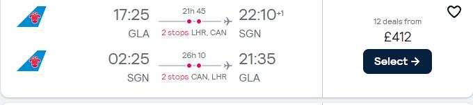 Cheap flights from Glasgow, Scotland to Ho Chi Minh City or Hanoi, Vietnam from only £412 roundtrip with British Airways. Flight deal ticket image.